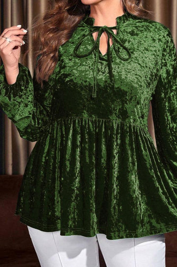 Woochic Haut grande taille col en V à volants en velours manches lanternes vert 6 1XL